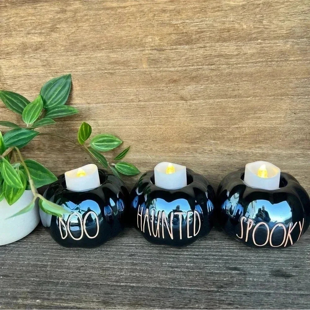 NEW Set of (3) Rae Dunn BOO/SPOOKY/HAUNTED Holders WITH the battery candles!